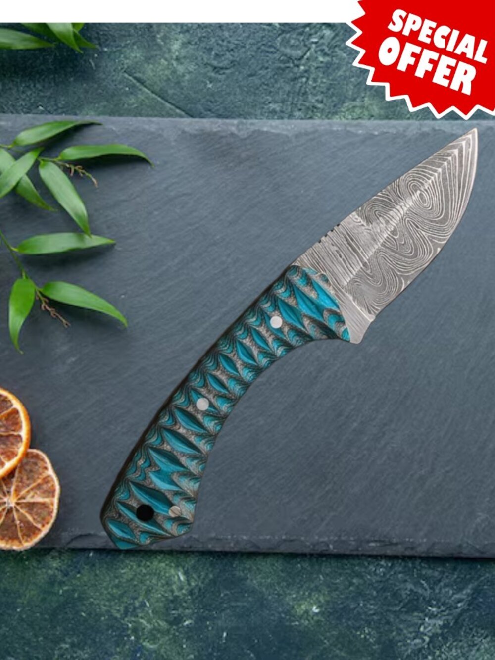 Premium Hand-Forged Damascus Kitchen Chef Knife - Artistic Blue Handle & Sheath